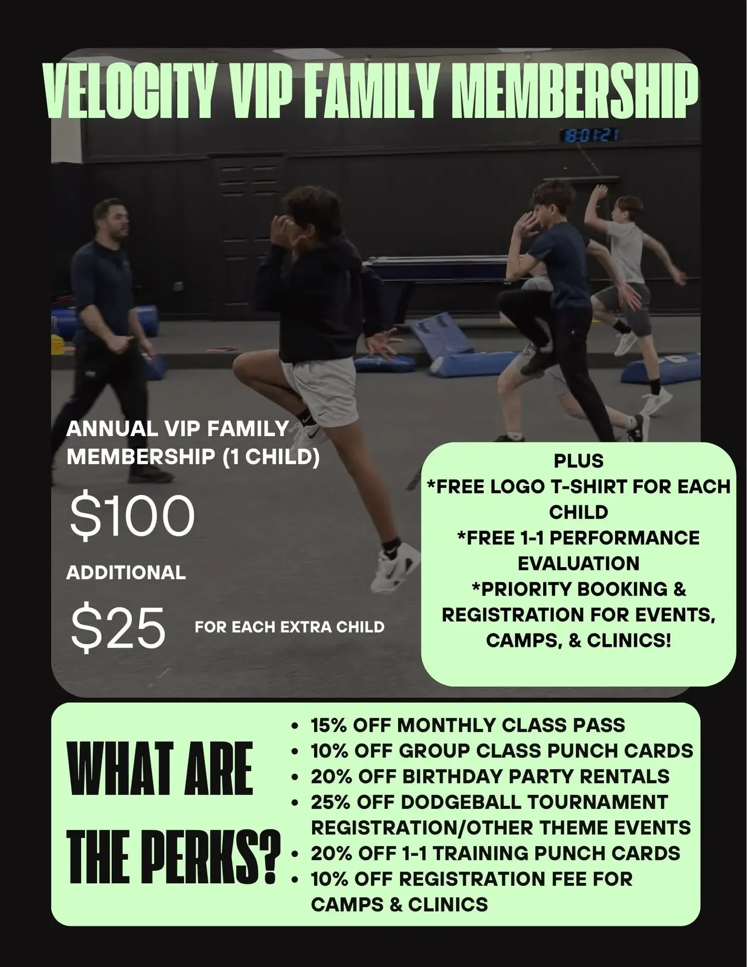 Velocity VIP Family Membership perks: discounts on passes, punch cards and parties